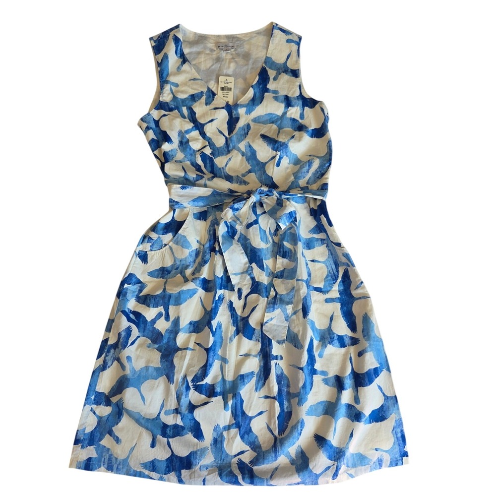 LL Bean Signature Blue White Crane Bird Print Linen Cotton Belted Dress NWT 4